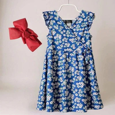 Pink & Violet™ XS (4T/5T) Blue-Pink&White Floral Faux Wrap Dress W/ Matching Bow - Image 1 of 4