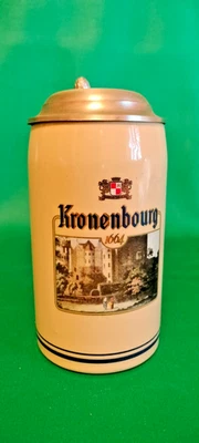 BOCCALE BIRRA VINTAGE KRONENBOURG DECORATO CON COPERCHIO IN PELTRO - Immagine 1 di 4