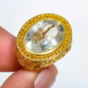 Natural Green Amethyst 925 Sterling Silver 18k Yellow Gold Plated Ring s.6 R495 - Picture 1 of 1