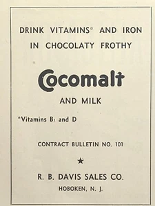 Cocomalt Chocolate Milk Mix Frothy Vitamins Iron Hoboken Vintage Print Ad 1944 - Imagen 1 de 4