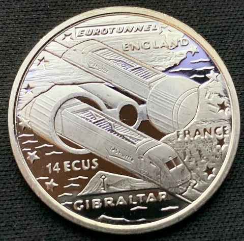 1993 Gibraltar 14 ECUS Coin PROOF Euro Tunnel  92.5% Silver ( Mintage 30K ) #N14 Cover