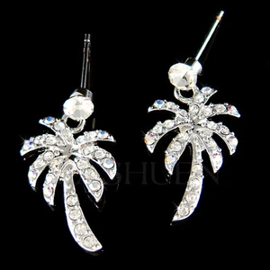 Palm Tree made with Swarovski Crystal Coconut Hawaii Beach Wedding Earrings Cute - Picture 1 of 1
