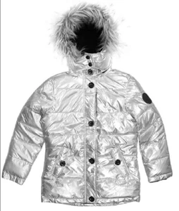 Diesel Girls Hooded Puffer Parka Jacket Faux Fur Trim (Silver, 10) NWT - Picture 1 of 5