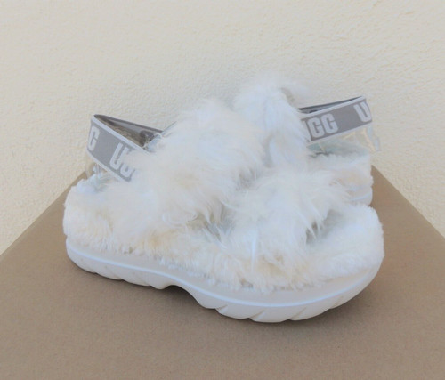 SANDALI SLIDE PANTOFOLE UGG WHITE FLUFF SUGAR ECOPELLICCIA DONNA US 10 EUR 41 ~NUOVI CON SCATOLA