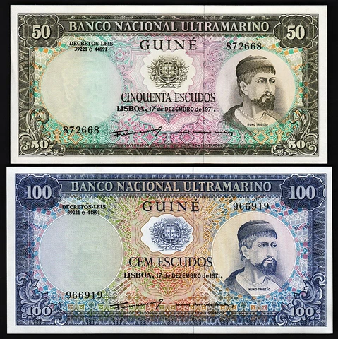Portuguese Guinea 2 Pcs SET, 50 - 100 Escudos 1971, AUNC / UNC, P-44a P-45a Cover