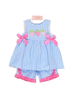 New Boutique Girls Size 8 Strawberry Blue Check Gingham Shorts Set Outfit - Picture 1 of 1