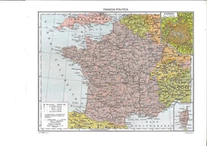 FRANCIA CARTINA GEOGRAFICA F.M.B. 36,3 X 28,2 NUOVA PLASTIFICATA VINTAGE - Picture 1 of 2