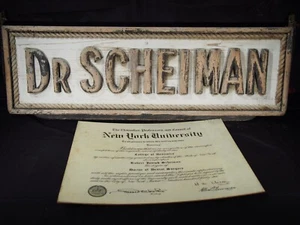 Antique Dentist Wood Advertising Sign raised letters "Dr. Scheiman" with diploma - Picture 1 of 21