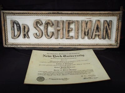 Antiguo cartel publicitario de madera de dentista letras en relieve "Dr. Scheiman" con diploma Foto 1 de 4
