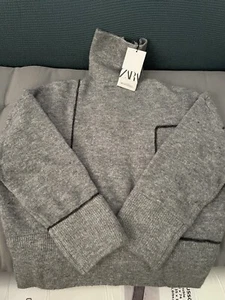 Zara Knit Sweater With Trim Jumper Grey S - Picture 1 of 5