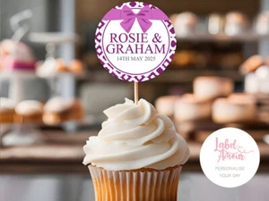 PERSONALISED Cupcake Cake Pick Toppers Party Bow Wedding Ribbon Decoration - Picture 1 of 3