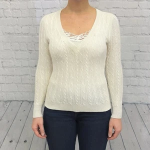 Suéter American Eagle Mujer Grande Crema Cuello en V Cable Tejido Mezcla de Lana Y2K Preppy - Imagen 1 de 12