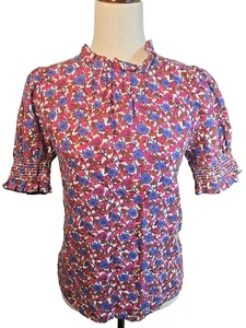 J.Crew Rüschen Ausschnitt Beere Blumen Leinen Puffärmel gesmokte Ärmel Bluse Top Gr. XS - Bild 1 von 6