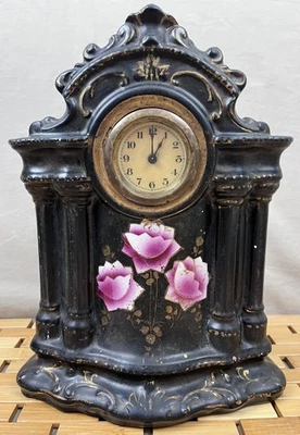 复古花卉黑色陶瓷壁炉钟粉色玫瑰 Cottagecore 装饰 11.5 英寸 — 第 1/4 张图片