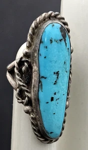Native American Navajo Morenci Turquoise Sterling Silver Large Oval Ring Sz 7 - Picture 1 of 8