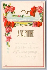 1910 Valentine's Day Poetry Red Hearts & Pink Roses Antique Embossed Postcard - Picture 1 of 2