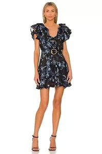 Abito Elliatt M nuovo con etichette nero e blu floreale organza con cintura aderente e svasato mini - Foto 1 di 10