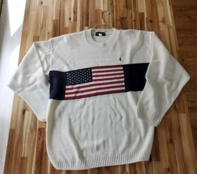 Vintage 90s Ralph Lauren Black Label Ivory American Flag Knit Sweater Womens Xl - Image 1 of 4