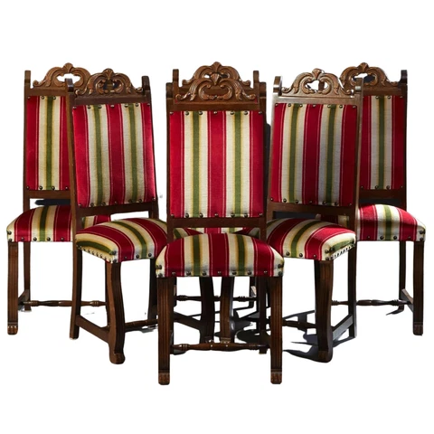 Chairs, Dining, Spanish Renaissance Style, Set of Six, Carved Oak, Vintage, 1900 Cover