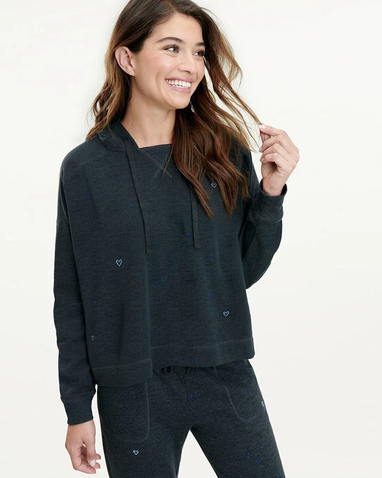 Splendid Sweater Black Snowland Embroidered Hoodie Women Sz XS BL12