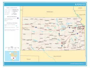 Karte Bundesstaat Kansas Vereinigte Staaten von Amerika politisches physisches Poster XL - Bild 1 von 1