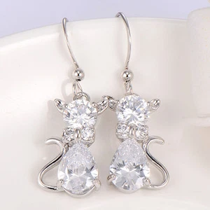 Silver Kitty Cat Crystal Dangle Drop Earrings Women Girls Gift Mothers Day Cute - Picture 1 of 7