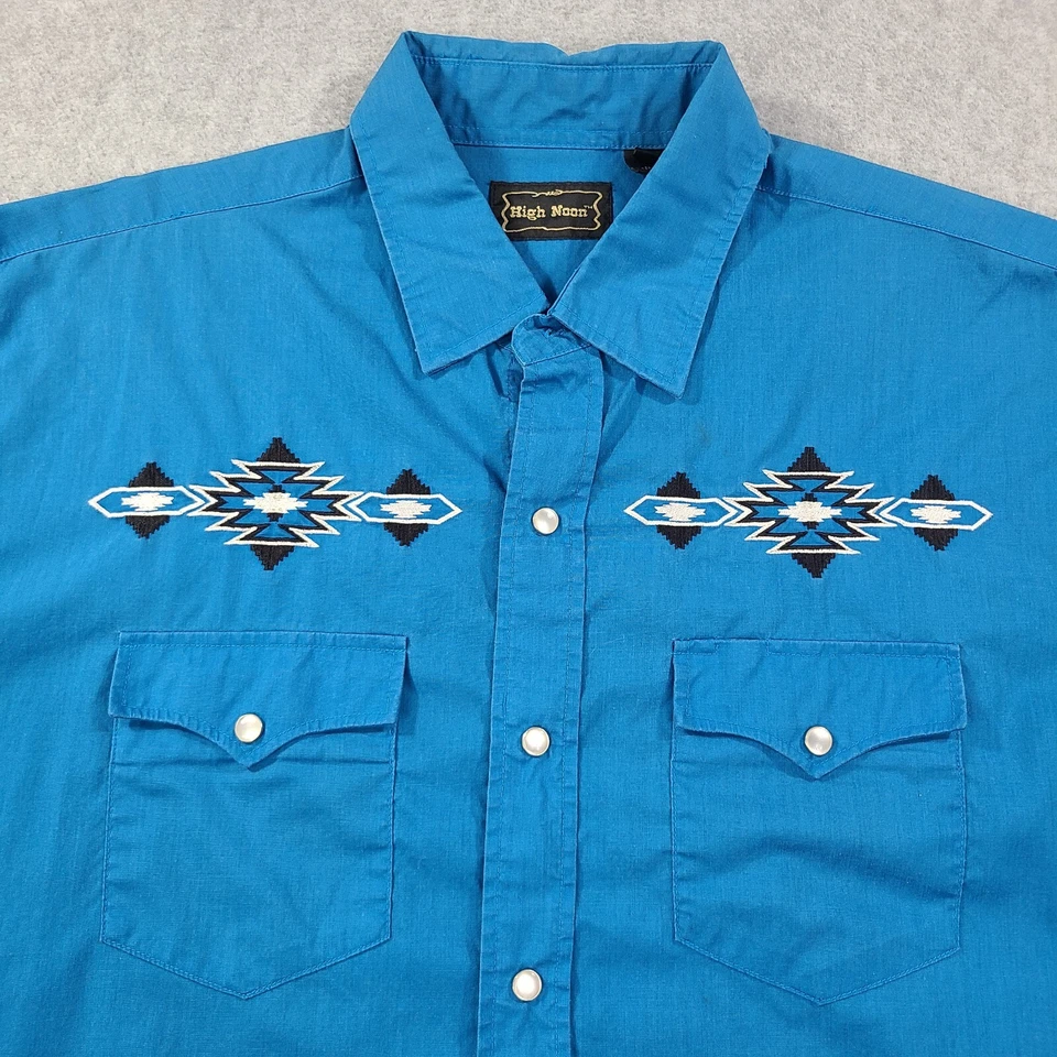 High Noon Western Shirt Men's Large SS Blue Aztec Embroidery Pearl Snap Button - Image 1 of 4