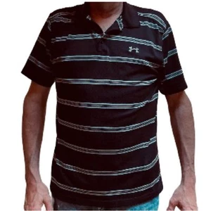 UNDER ARMOUR Black Gray Striped Collar Polo Shirt HeatGear Loose Mens Large - Picture 1 of 14