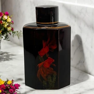 Antique Chinese Black Lacquer Tea Caddy Hand Painted Koi Fish - Picture 1 of 13