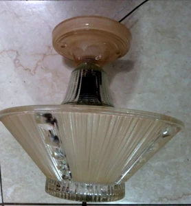Vintage 30s 40s Glass Ceiling Light Fixture Nice w/ bobesche & matching shade - Picture 1 of 8