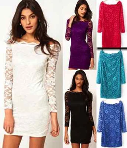 Classic Sexy Women's Lace Bodycon Off Shoulder Long Sleeve Evening Party Dress - Picture 1 of 14
