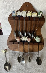 Vintage Teaspoon Stir Spoon Collection On Wood Display 10 Total Spoons - Picture 1 of 10