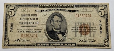 1929 $5 Worcester County National Bank Of Worcester Mass. VG/F Charter #7595 - Image 1 of 2