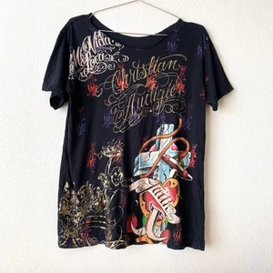 Christian Audigier all over print y2k 2000s tee shirt cut scoop neck Women's L - Picture 1 of 4