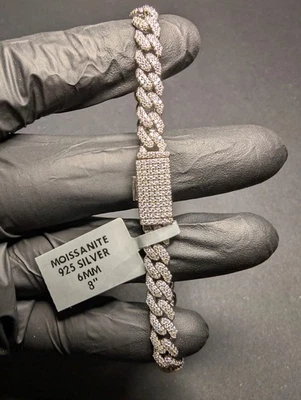 "Brazalete cubano Miami moissanita de plata de ley 925 maciza de 6 mm 8""" Foto 1 de 4