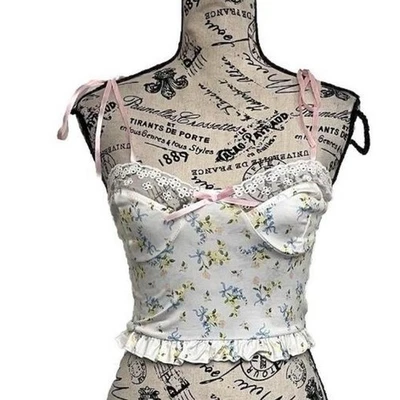 Sexy Floral Ribbon Strap Lace Hippie Flower Cottegecore Fairy Coquette Cami S - Image 1 of 4