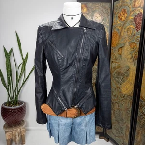 Black Faux Leather Moto Jacket - Asymmetrical Zip BlankNYC - Fitted Small - Picture 1 of 8