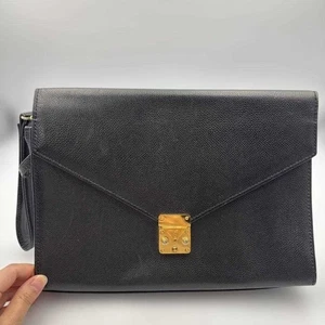 Yves Saint Laurent Clutch Logo Leather Black Unisex Men's USED FROM JAPAN - Picture 1 of 10
