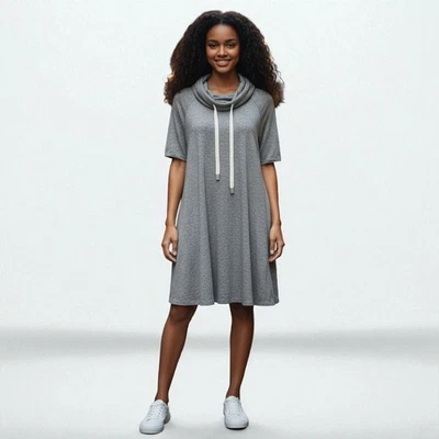 LOU & GREY Signature Soft Gray Cowl Neck Drawstring Dress size Small - Image 1 of 4