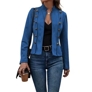 Chic Trendy Blue Double-Breasted Open Front Blazer Jacket L Business Casual - Picture 1 of 5
