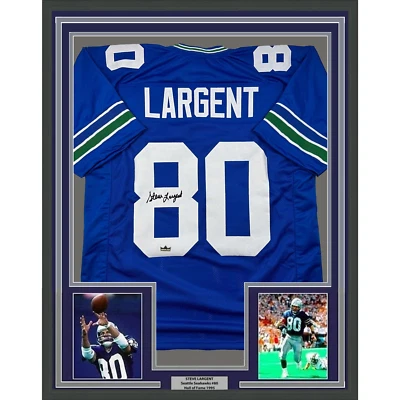 Camiseta reimpressão azul Seattle 35x39 Steve Largent autografada fac-símile emoldurada - Imagem 1 de 2