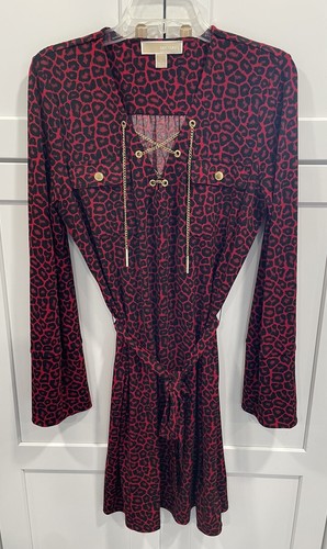 Abito donna Michael Kors rosso manica lunga con cintura rosso leopardato L SI47