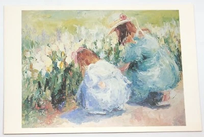 Cartão postal impresso 4"x6" meninas JARDIM DE FLORES pintora impressionista HENRIETTA MILAN - Imagem 1 de 2