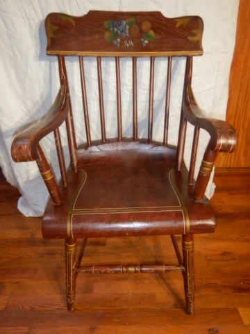 Painted Decorated Plank Seat Arm Chair with rolled seat Old Paint Cover