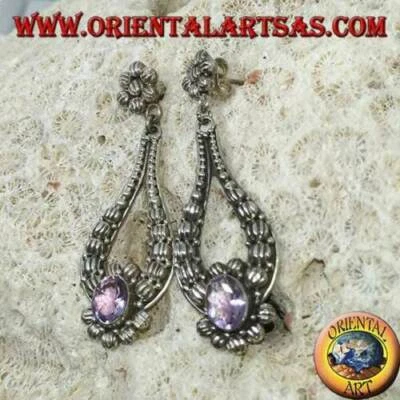 Orecchini pendenti in argento 925 ‰ con Ametista ovale fatto a mano - Immagine 1 di 4