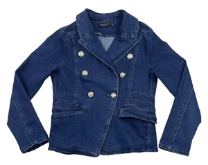 COUNTRY DENIM Jacket Blue Double Breasted Stretch Denim 2 Pockets Size 8 - Imagen 1 de 14