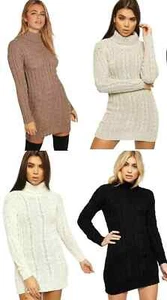 New Polo Neck Sleeve Warm Sweater Jumper Dress Ladies Chunky Cable Knitted UK - Picture 1 of 10