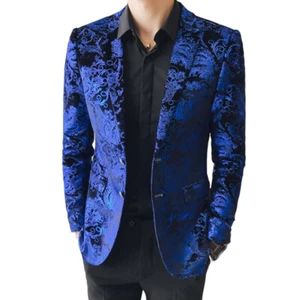 Men Floral Velvet Suit Blazer Coat Dress Jacket Top Stage Showman Costume Slim - Picture 1 of 12