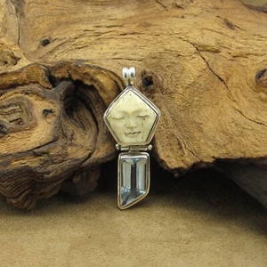 Vintage Sterling Silver Carved Face Pendant with Faceted Blue Stone - Picture 1 of 4