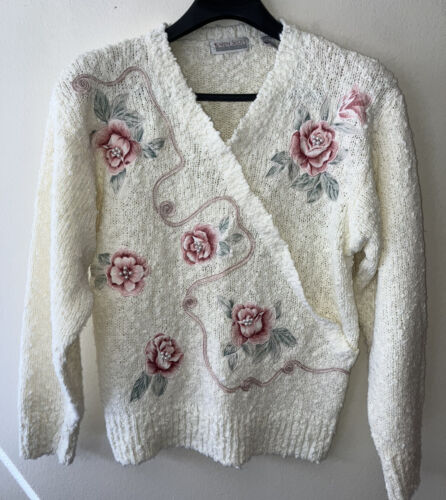 Vintage '80s Karen Scott Boucle Floral Embellished Sweater Grandma ...